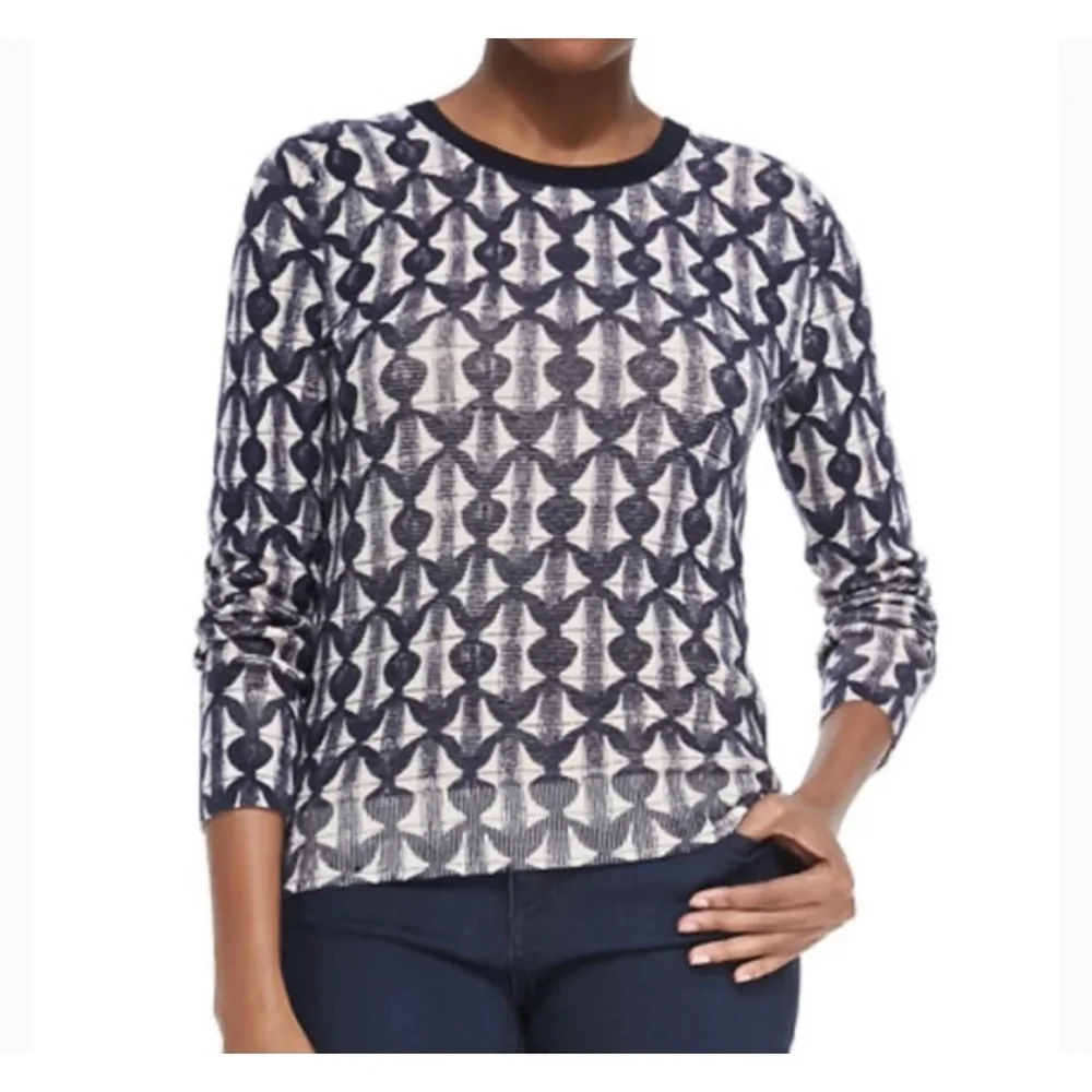 TORY BURCH Sweater Size XS Navy Cream Patterned Merino Wool